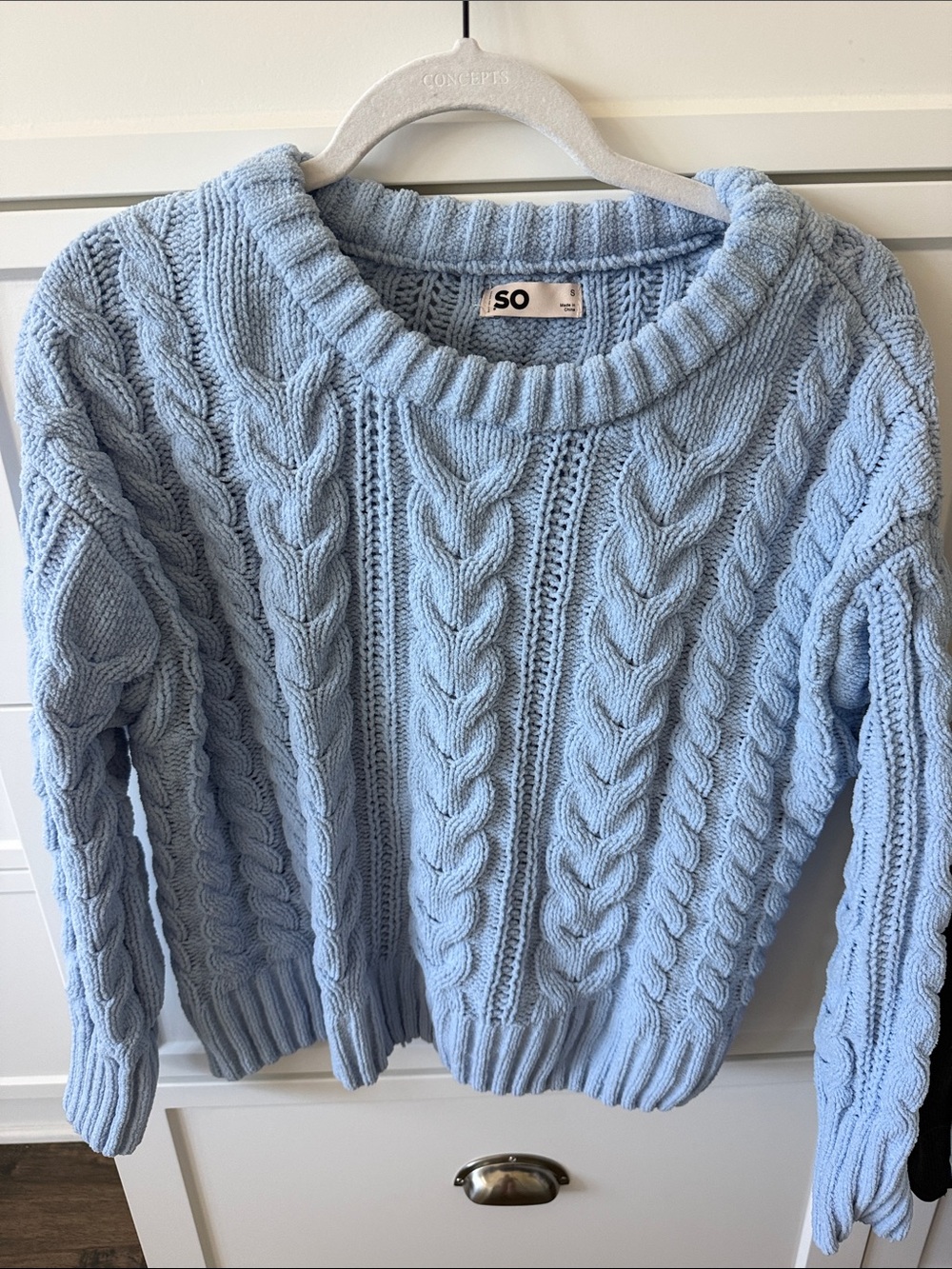 SO Light Blue Cable Knit Crewneck Sweater